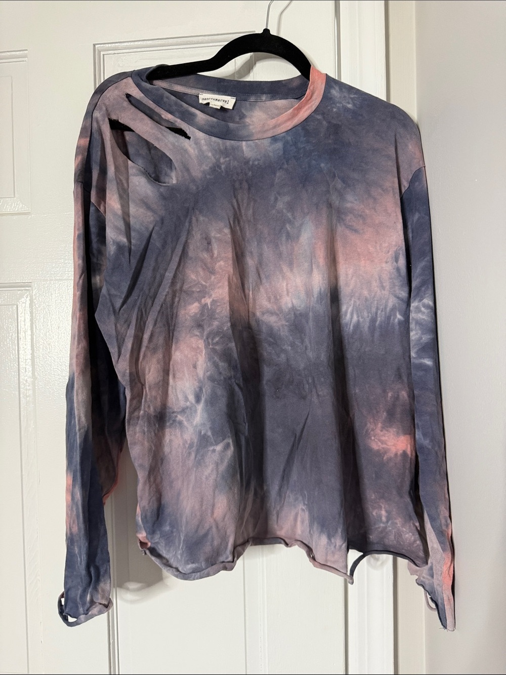 Dance & Marvel Blue and Pink Tie-Dye Distressed Long Sleeve Top